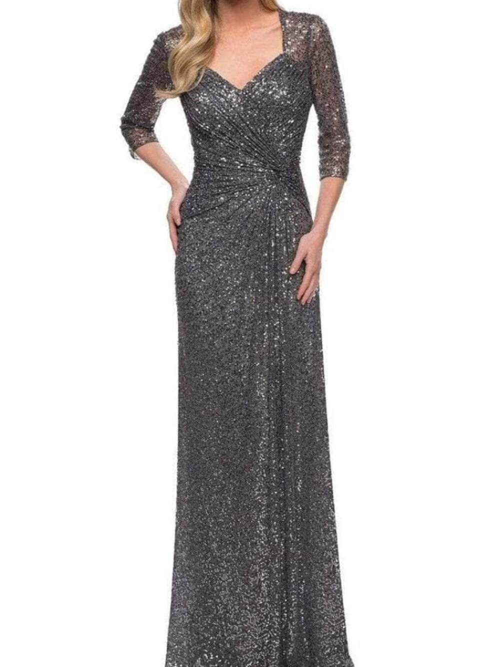 NWT La Femme 27930SC Sequined Ruched V-neck Formal Dress Gunmetal size 14